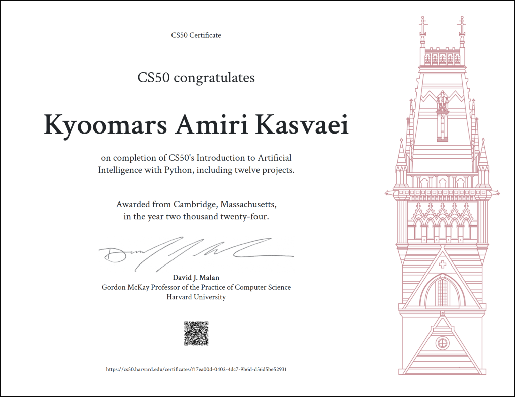 cs50 artificial intelligence certificat - kyoomar amiri