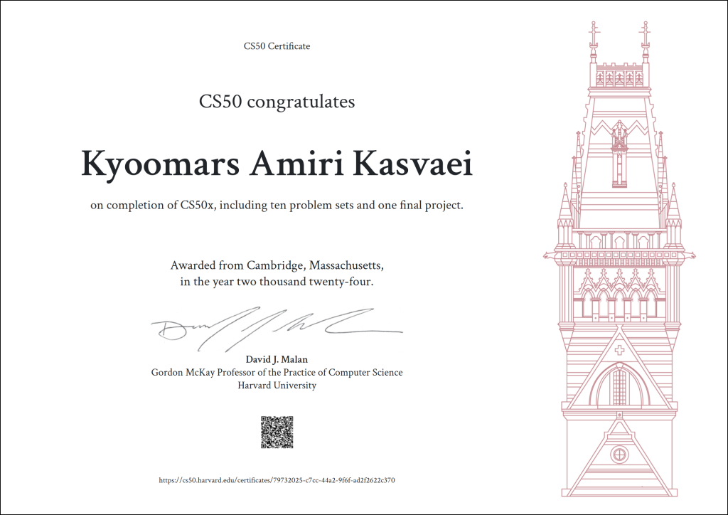cs50x certificate - kyoomars amiri